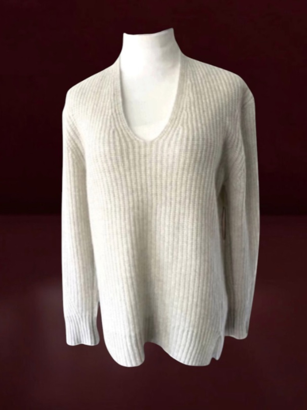 WHITE + WARREN GREY RIBBED CASHMERE V-NECK SWEATER